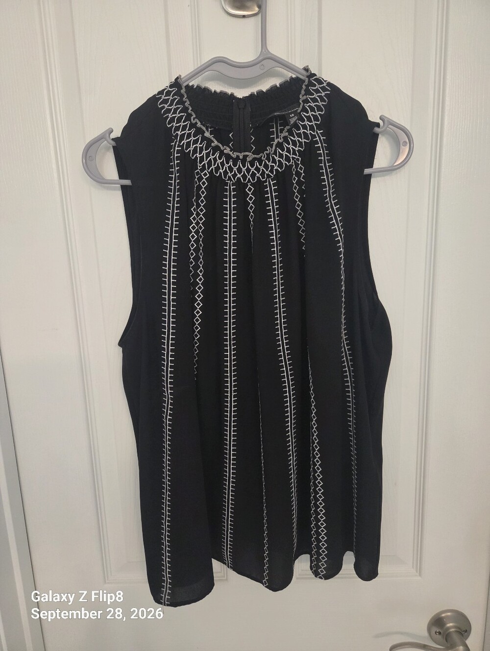 White House Black Market Black Sleeveless Embroidered Neckline Camisole Top
